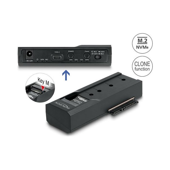 DeLOCK Adaptador USB Tipo C para 1 x SSD M.2 NVMe + 1 x SATA SSD/HDD con Función de Clonación, USB 3.2 Gen 2, Negro 1