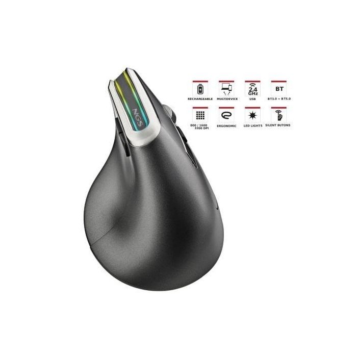 NGS Evo Karma Ratón Vertical Inalámbrico Ergonómico Recargable Multidispositivo Silencioso Luces LED 3200 DPI 5 Botones Diestros 1