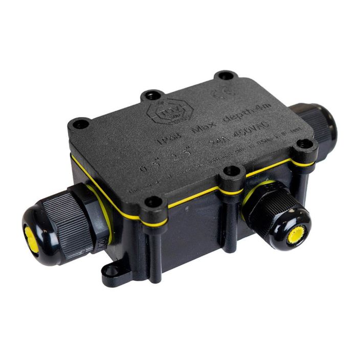 Solera Caja de empalmes aérea para exterior estanca con 3 prensaestopas IP68, 8x5,2x3,7cm, Black Series, bk-3p
