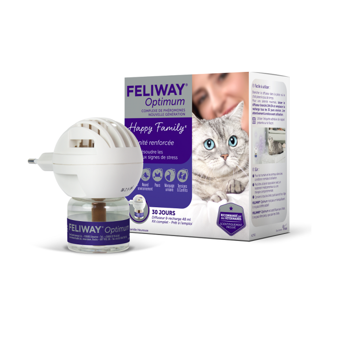 Feliway Optimum Difusor y Recambio 48 ml para Gatos | Antiestrés con Feromonas Felinas | Calma, Reduce Estrés, Arañazos y Marcaje