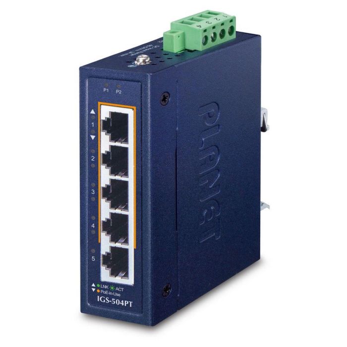 Planet IGS-504PT Switch Industrial 4 Puertos PoE+ Gigabit 802.3at + 1 Uplink, 120W, IP30 -40 a 75°C