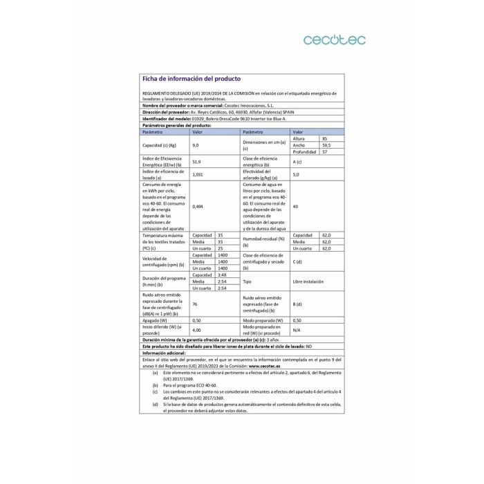 Lavadora Cecotec Bolero DressCode 9610 1400 rpm 9 L 1 Lavadora Cecotec Bolero DressCode 9610 1400 rpm 9 L 1