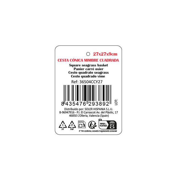 Inde Cesta Cónica de Mimbre Cuadrada 27 cm x 27 cm x 9 cm (8 Unidades)