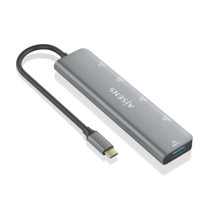 AISENS - HUB USB 3.2 GEN1 5G USB-C, USB-C/M-1xUSB-C PD100W/H-1xUSB-C/H-3xUSB-A/H, GRIS, 15CM