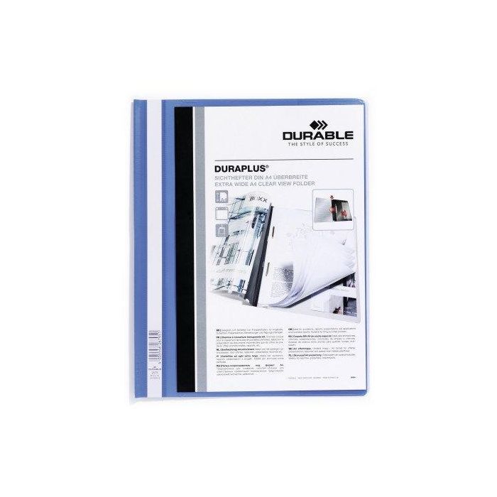 Durable Carpeta Dossier Duraplus A4 con Fastener Metálico Plástico Azul, Cubierta Transparente, Trasera Opaca, Tira Personalizable