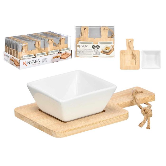 Set 2 Bols Soporte Aperitivo Cuadrado Kinvara 21x17x4 cm - Porcelana y Bambú (24 Unidades)