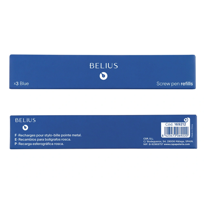 Belius Recambio Bolígrafo con Rosca Azul Caja 3 Unidades Punta Media 1mm Made in Germany 5