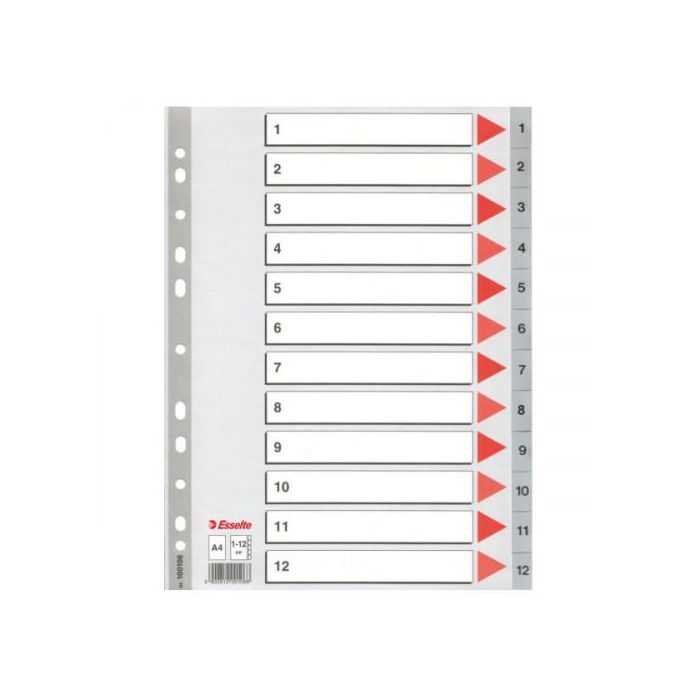 Esselte Índice Numérico Multitaladro 1-12 Polipropileno A4 gris Con Carátula Índice Cartón Color