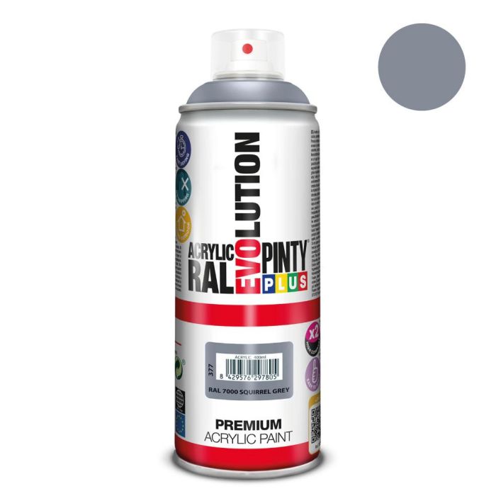 Pinty Plus Pintura acrílica en spray Evolution 520 cc RAL 7000 Squirrel Grey 300 g Acabado Brillante Secado Rápido