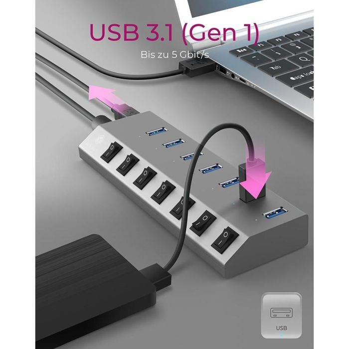 USB3.0 HUB 7Port ICY BOX 7xUSB3.0 (An-/Ausschalter für jeden Port) aktiv mit Netzteil Grey 4