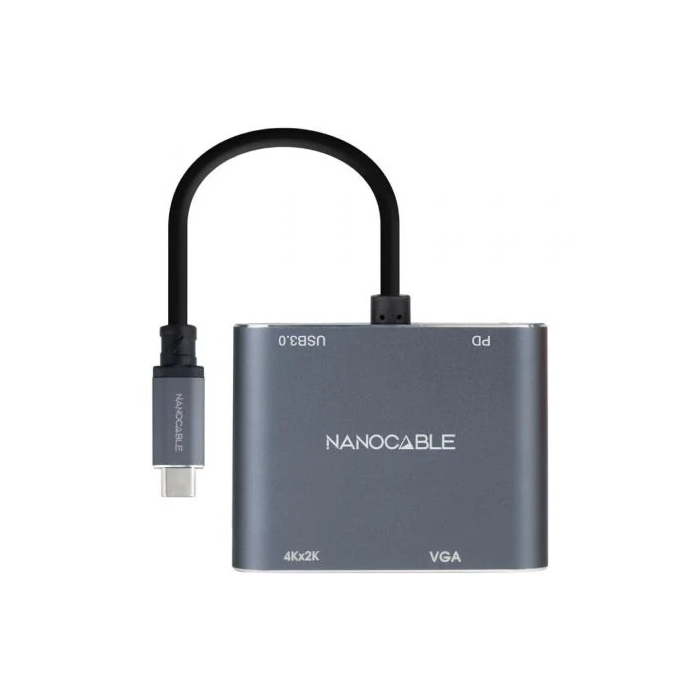 Nano Cable 10.16.4304 Conversor USB-C Macho a HDMI 4K Hembra, VGA Hembra, USB-C PD Hembra, USB Hembra, 15cm, Gris