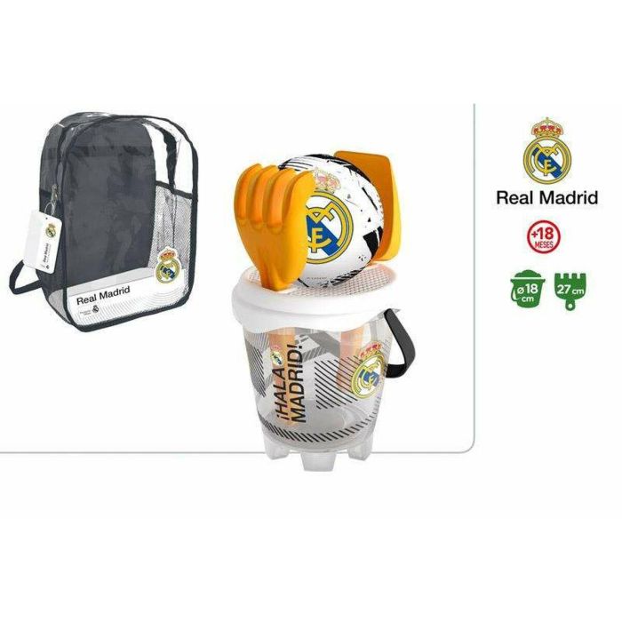 Real Madrid Set de Playa Mochila Cubo Castillo con Pala, Rastrillo y Balón 13cm - Diámetro 18cm - Edad +3 Años 1