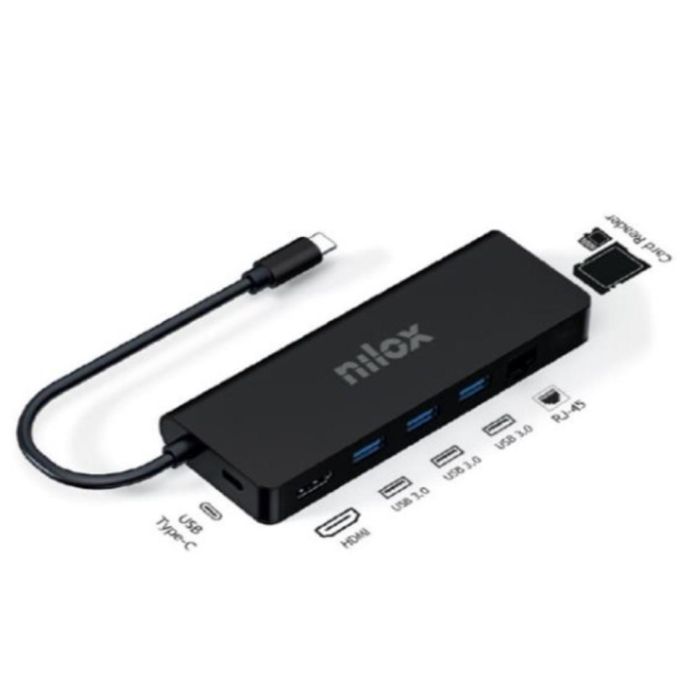 Nilox NXDSUSBC04 Dock Station USB-C 8 en 1: 3x USB 3.0, 2x HDMI 4K, Lector SD, RJ45, PD 100W, Aluminio Negro