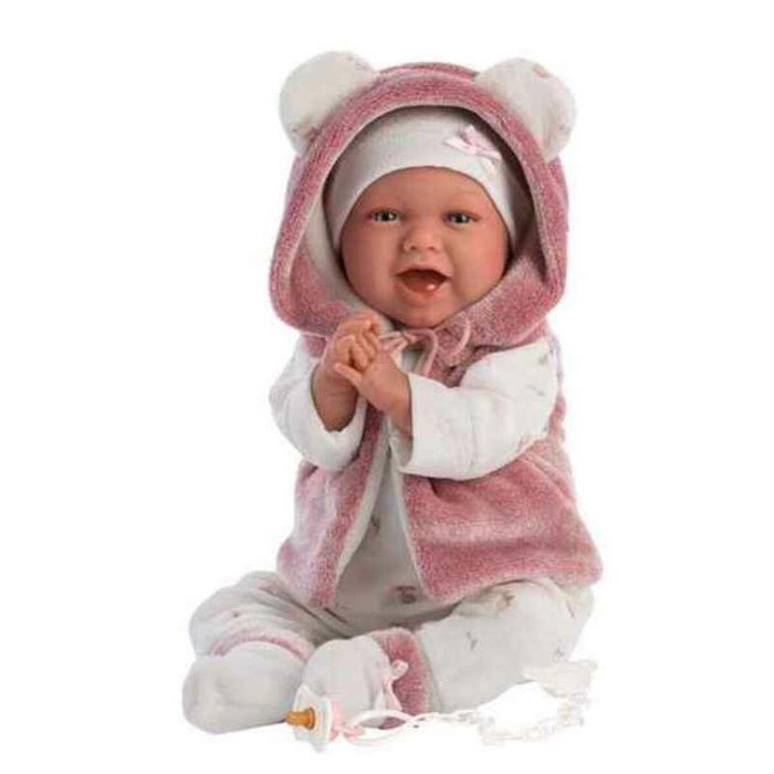 Muñeca recien nacida mimi sonrisas con chaqueta fucsia de pelo y chupete 40 cm cuerpo tela 1 Muñeca recien nacida mimi sonrisas con chaqueta fucsia de pelo y chupete 40 cm cuerpo tela 1