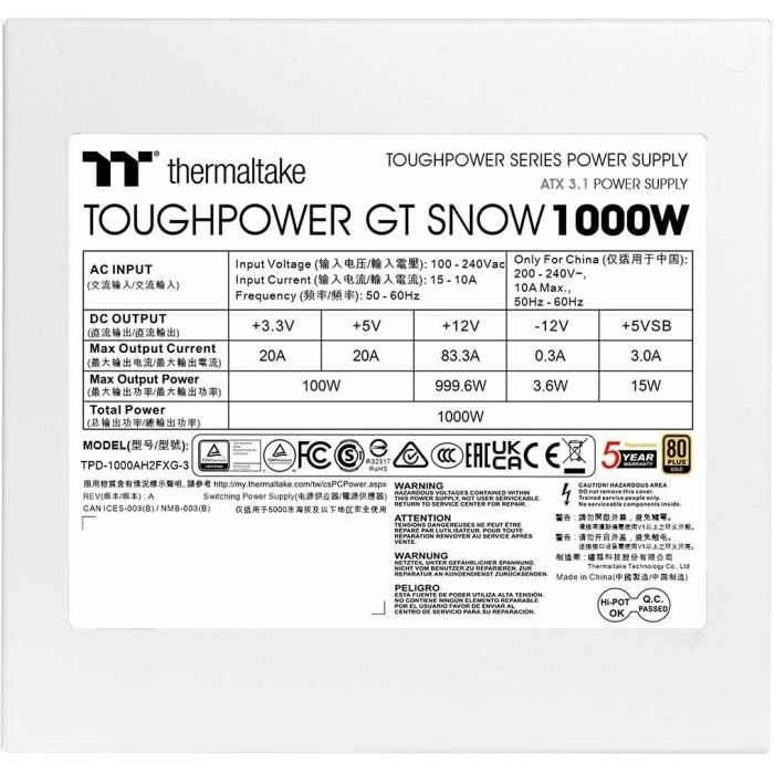1000W Thermaltake Toughpower GT 1000W Snow ATX3.1 80+G WH 5 1000W Thermaltake Toughpower GT 1000W Snow ATX3.1 80+G WH 5