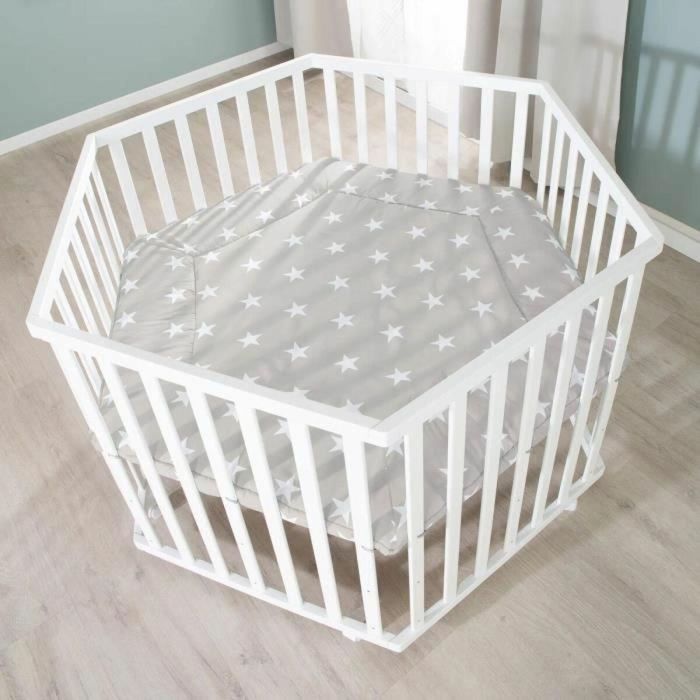 Roba AAAIG92169 Parque infantil hexagonal de madera lacada en blanco LITTLE STARS, altura regulable, funda acolchada, ruedas con freno. 4
