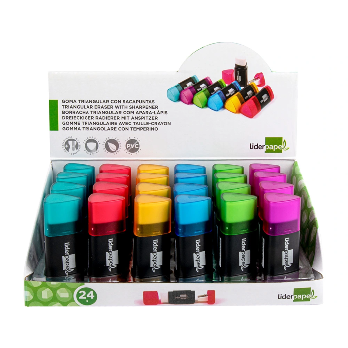 Liderpapel Goma de Borrar Triangular con Sacapuntas Ecológica sin PVC Colores Surtidos 6