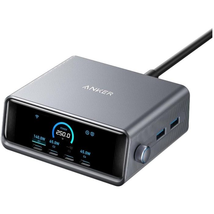 Anker Prime Charger 250W USB-C, 6 Puertos, GaNPrime 2.26Z con Pantalla LCD y Control Inteligente