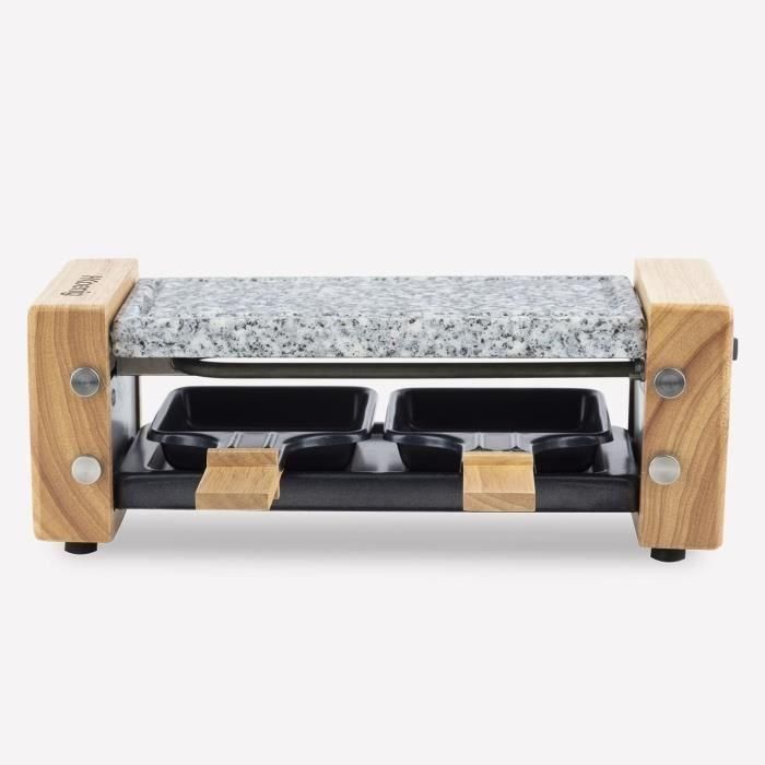 H.Koenig WOD2 Raclette y Stone Cook para 2 Personas, 350W con Placa de Granito, 2 Poelones Antiadherentes y Diseño de Madera 3