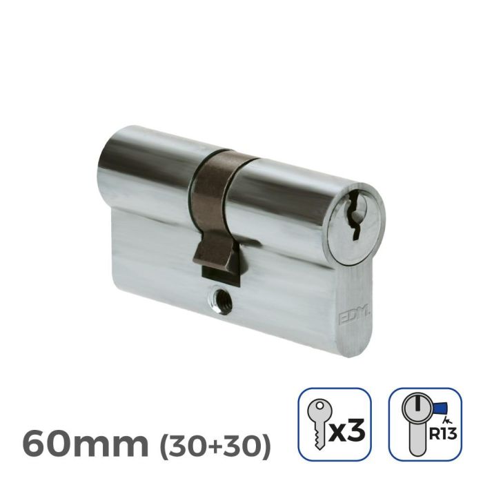 Cilindro 60mm (30+30mm) niquelado, leva corta r13 con 3 llaves de serreta incluidas Cilindro 60mm (30+30mm) niquelado, leva corta r13 con 3 llaves de serreta incluidas