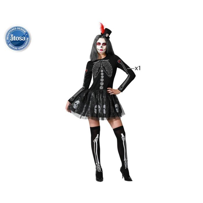 Disfraz Esqueleto Negro Falda Tul Brillante y Sombrero Halloween Mujer Adulto Talla XS-S