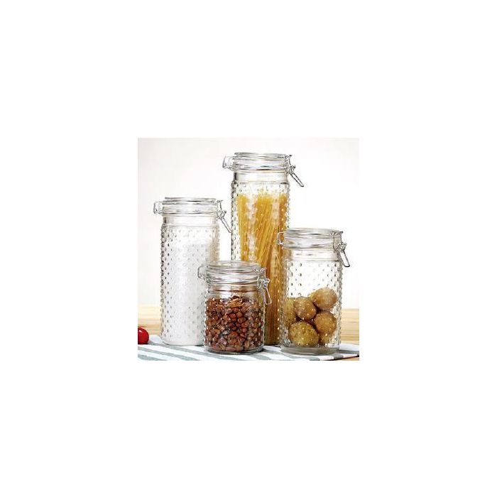DKD Home Decor 1,4/1,1/760ml Bote de Cristal e Inox Transparente, Set de 4 con 2 Litros de Capacidad, 10x33x10 cm 1