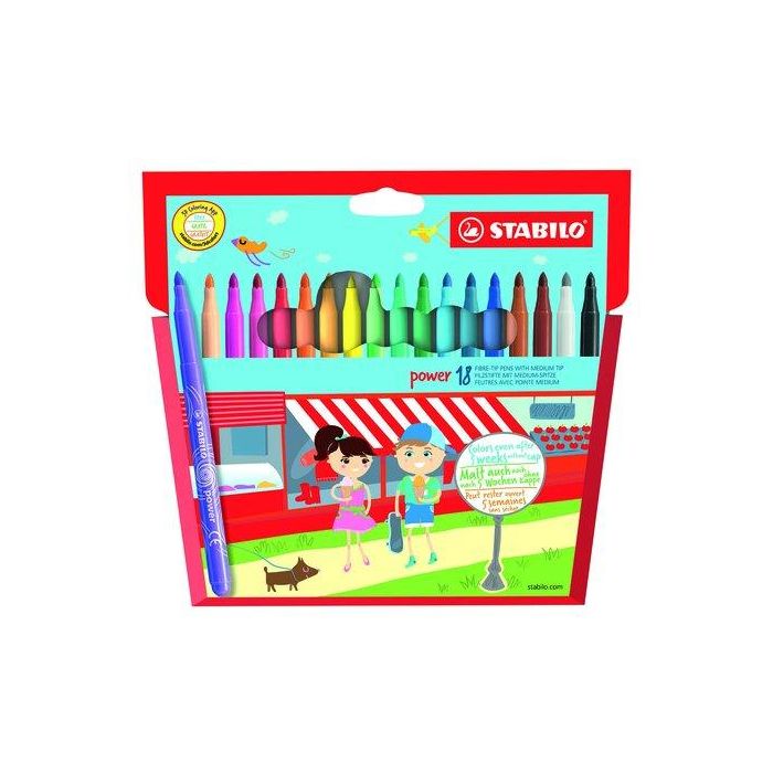 Stabilo Rotulador escolar power, caja de 18 unidades colores surtidos, punta de fibra de 2mm, resistencia extrema al secado sin tapón