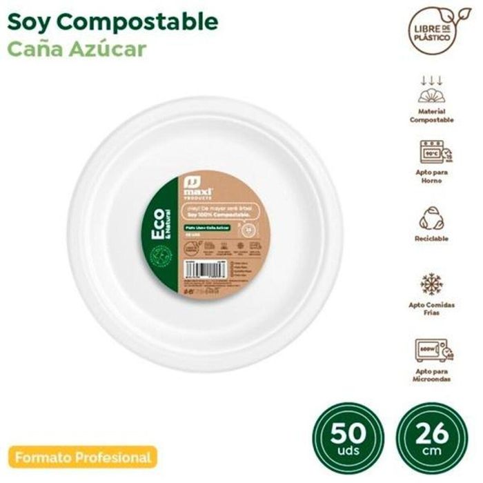 Set de platos reutilizables Maxi Products Blanco Caña de Azúcar Ø 26 cm 50 Piezas (10 Unidades) 2 Set de platos reutilizables Maxi Products Blanco Caña de Azúcar Ø 26 cm 50 Piezas (10 Unidades) 2
