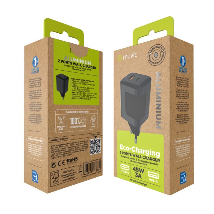 muvit for change cargador de pared USB + Tipo C PD45W aluminio 2