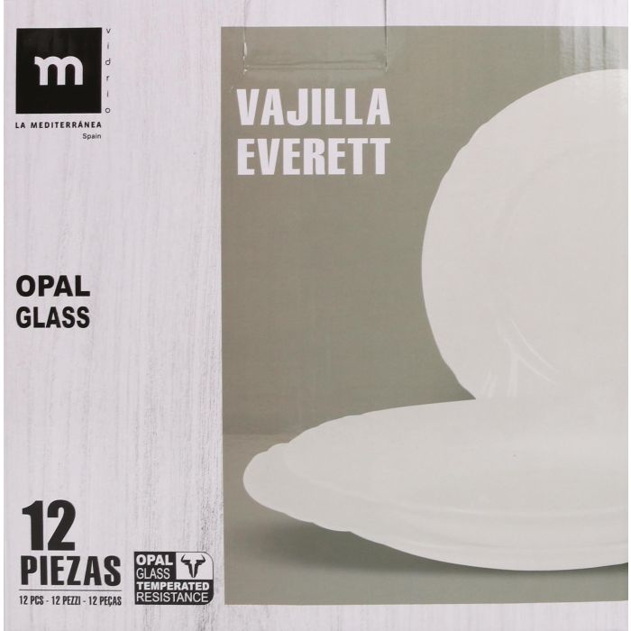 La Mediterranea Vajilla 12 Piezas Red.Opal "Everett" - Colección Everett, Material Opal, Medidas: 25.3 cm, 23 cm, 20.5 cm 1
