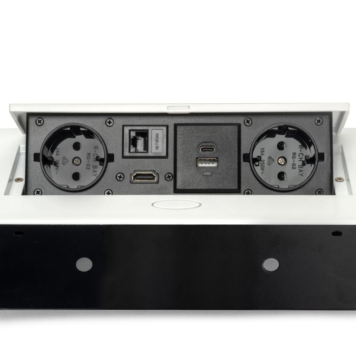 Emuca Multiconector Atom 26, 225x111mm, 2 enchufes tipo Schuko, 1 USB tipo A, 1USB tipo C, 1 RJ45, 1 HDMI, Zamak-Acero-Plástico, Blanco 6 Emuca Multiconector Atom 26, 225x111mm, 2 enchufes tipo Schuko, 1 USB tipo A, 1USB tipo C, 1 RJ45, 1 HDMI, Zamak-Acero-Plástico, Blanco 6