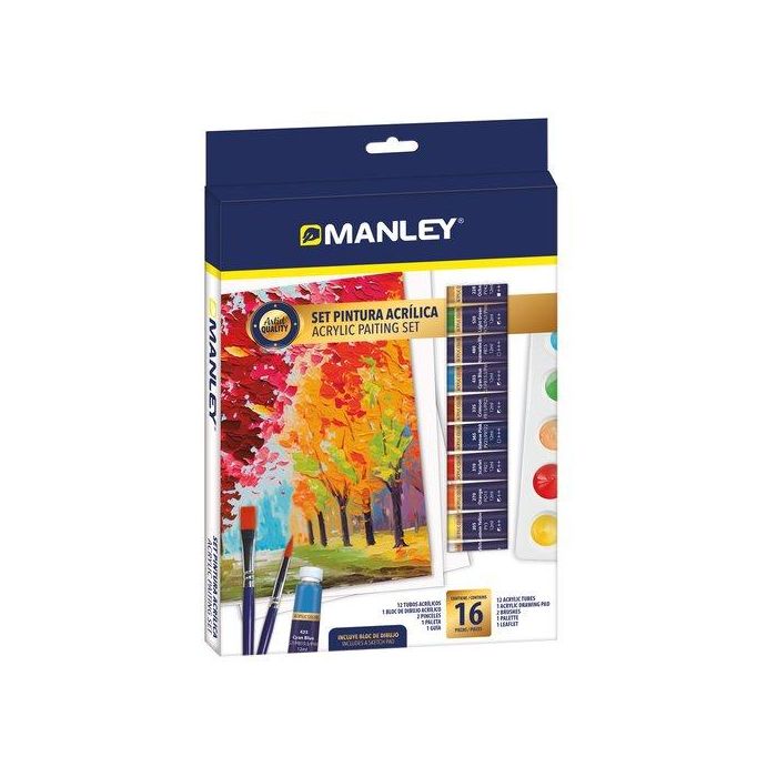 Pintura Acrilica Manley Set De 16 (12X Pintura Acrilica 12Ml, 2X Pinceles, 1X Paleta, 1X Bloc Dibujo)