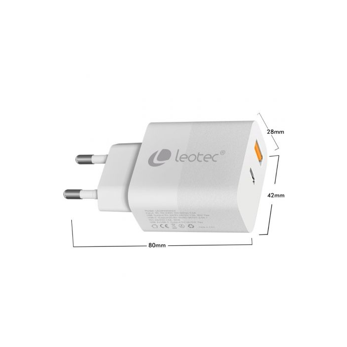 Cargador de Pared GaN Leotec LECSPH30W2W/ 1xUSB Tipo-C/ 1xUSB/ 30W 4