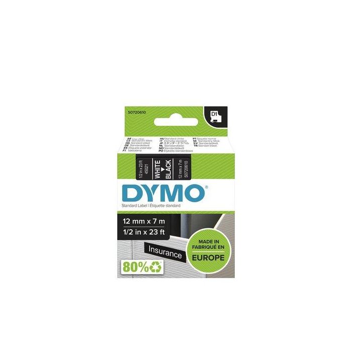 DYMO D1 Etiquetas Estándar Poliéster, Blanco sobre Negro, 12mm x 7m, para Oficina y Hogar