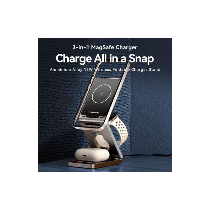 Vention FGFH0 Cargador Inalámbrico 3 en 1 MagSafe Plegable 15W para iPhone, iWatch y AirPods, Aleación Aluminio Gris 2 Vention FGFH0 Cargador Inalámbrico 3 en 1 MagSafe Plegable 15W para iPhone, iWatch y AirPods, Aleación Aluminio Gris 2