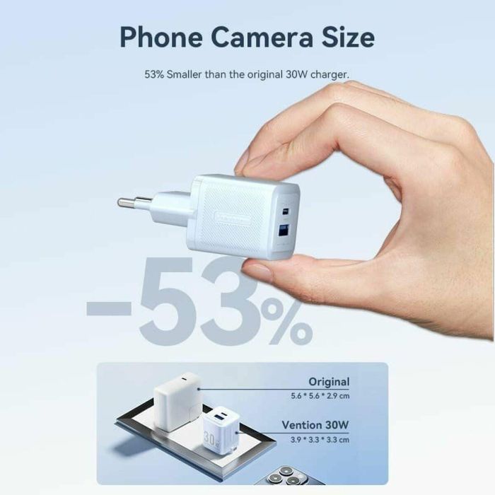 Cargador de Pared GaN Vention FEQL0-EU/ 1xUSB Tipo-C/ 1xUSB/ 30W 1