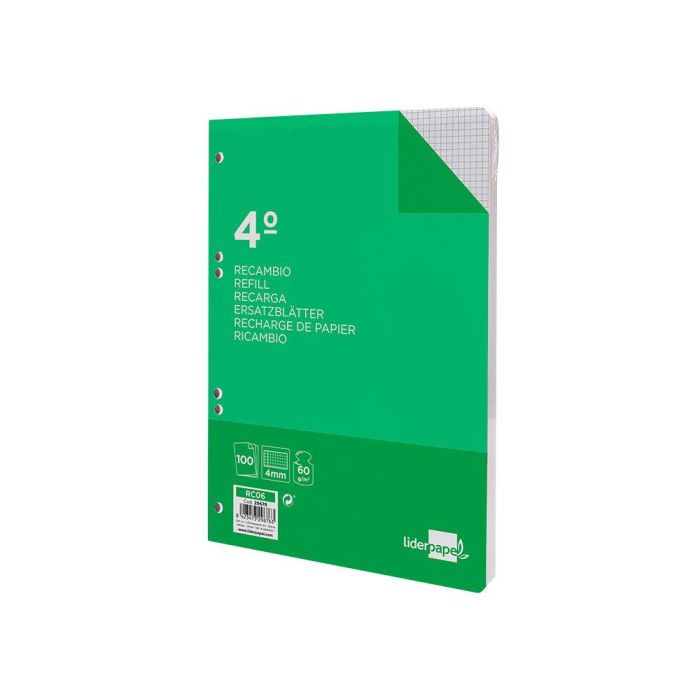 Recambio Liderpapel Cuarto 100 Hojas 60 gr-M2 Cuadro 4 mm Con Margen 6 Taladros 2