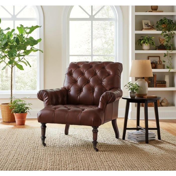 GINER Y COLOMER Sillón Tapizado en Cuero Marrón con Acabado Capitoné y Reposabrazos 6