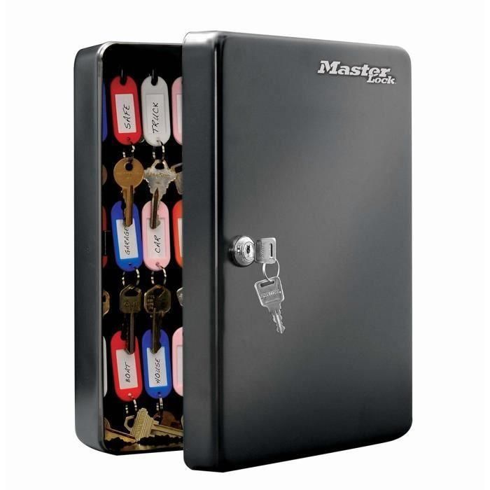 Master Lock Gabinete de llaves de acero para 50 llaves, negro, con sistema de bloqueo y 2 llaves incluidas, llaveros y etiquetas