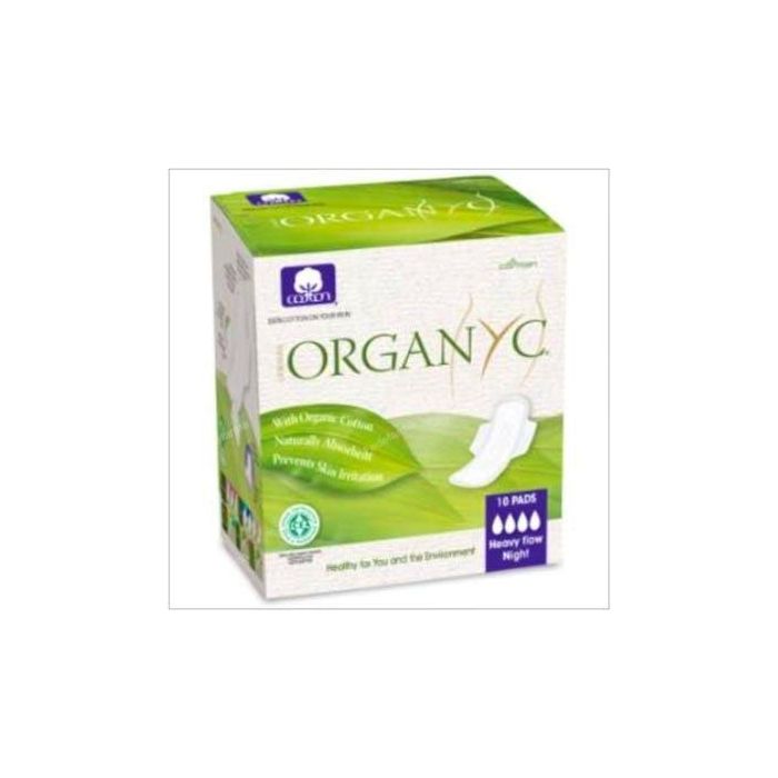 ORGANYC Compresas con Alas Noche Algodón 100% Orgánico Hipoalergénicas Súper Absorbentes Flujo Abundante 10 Unidades