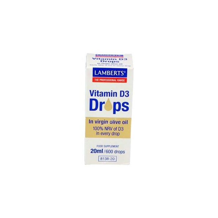 LAMBERTS Vitamina D3 Gotas 20ml, 1000 UI por dosis, apto vegetarianos, complemento para adultos y niños
