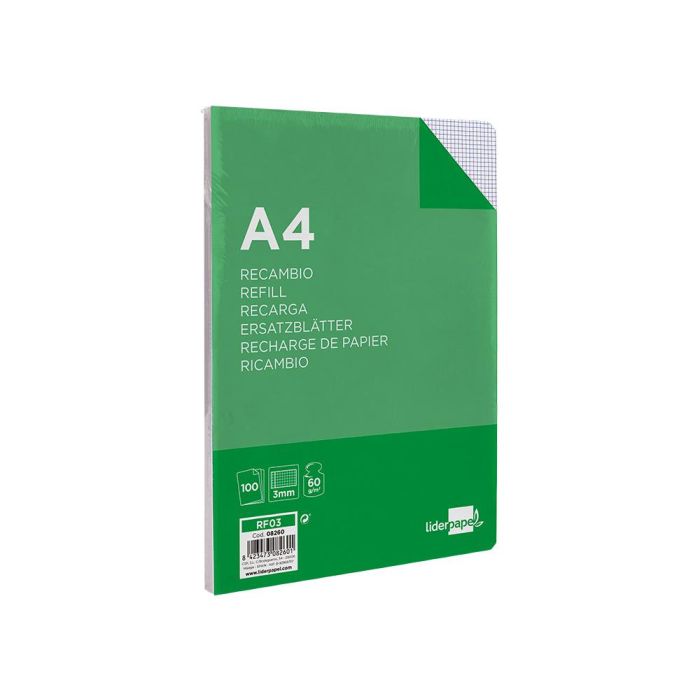 Recambio Liderpapel A4 100 Hojas 60 gr-M2 Cuadro 3 mm Con Margen 4 Taladros 5