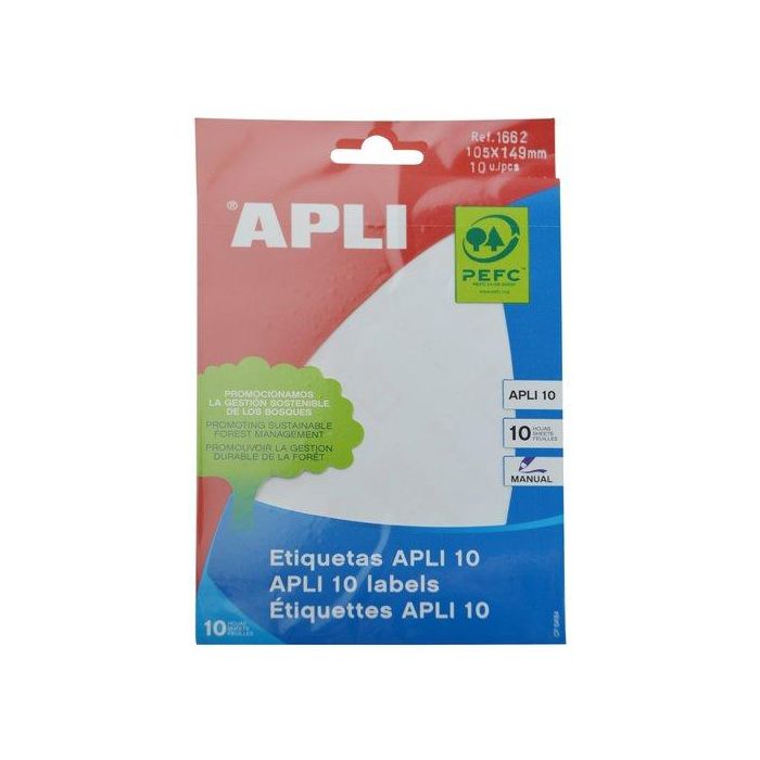 Apli Etiquetas Adhesivas Blancas 105x149 mm para Escritura Manual, Pack de 10 Hojas