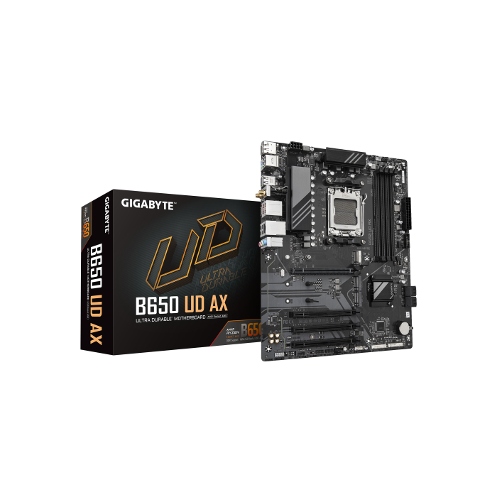 GIGABYTE B650 UD AX Placa Base - Compatible con CPUs AMD Ryzen Serie 9000, VRM de 6+2+2 fases, hasta 7600MHz DDR5 (OC), 1x PCIe 5.0 + 2x PCIe 4.0 M.2, LAN GbE, Wi-Fi 6, USB 3.2 Gen 2