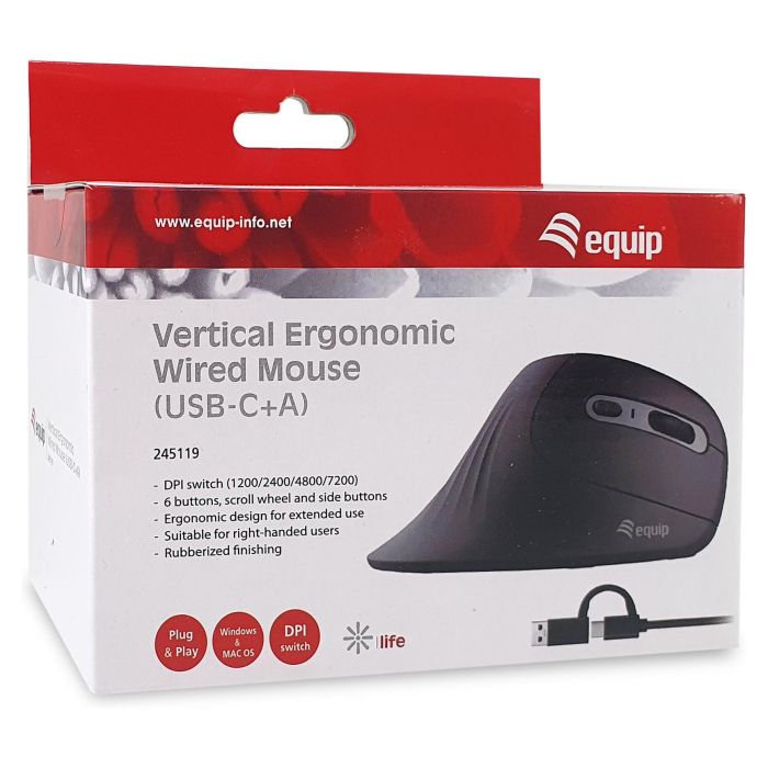 Equip 245119 Ratón Ergonómico Vertical para Mano Derecha, 7200 DPI, Cable USB-A y USB-C 1.8m, Negro - Compatible con Windows, Mac, ChromeOS 3 Equip 245119 Ratón Ergonómico Vertical para Mano Derecha, 7200 DPI, Cable USB-A y USB-C 1.8m, Negro - Compatible con Windows, Mac, ChromeOS 3