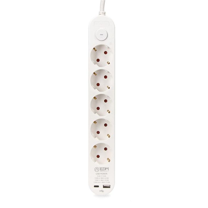Prolongador con 5 tomas 2p+t schuko, con interruptor, 2 usb a + c, 16 a 250 v, cable h05vv-f, 3g1,5mm² de 1,5 m, blanco 1 Prolongador con 5 tomas 2p+t schuko, con interruptor, 2 usb a + c, 16 a 250 v, cable h05vv-f, 3g1,5mm² de 1,5 m, blanco 1