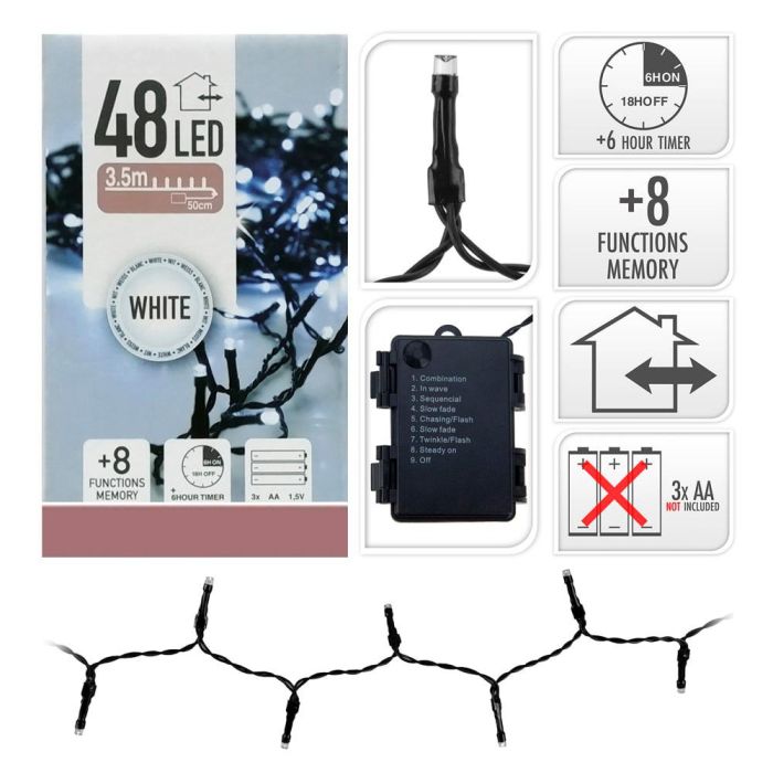 Guirnalda a pilas multifunción 48 LEDs luz blanco frío 4m IP44 con temporizador y 8 funciones 1 Guirnalda a pilas multifunción 48 LEDs luz blanco frío 4m IP44 con temporizador y 8 funciones 1
