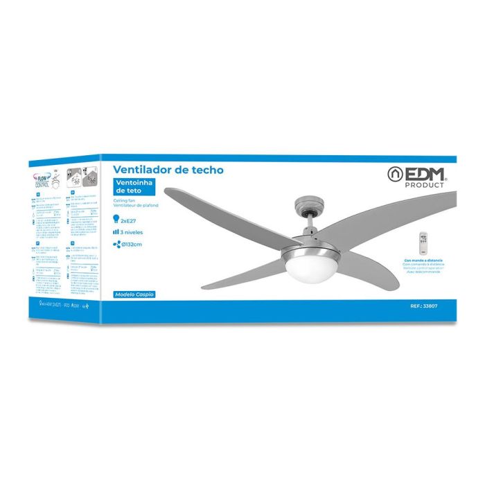 Edm Ventilador de Techo Caspio, Plateado/Níquel, Ø132cm, 60W, 3 Velocidades, Mando a Distancia, con Luz 4