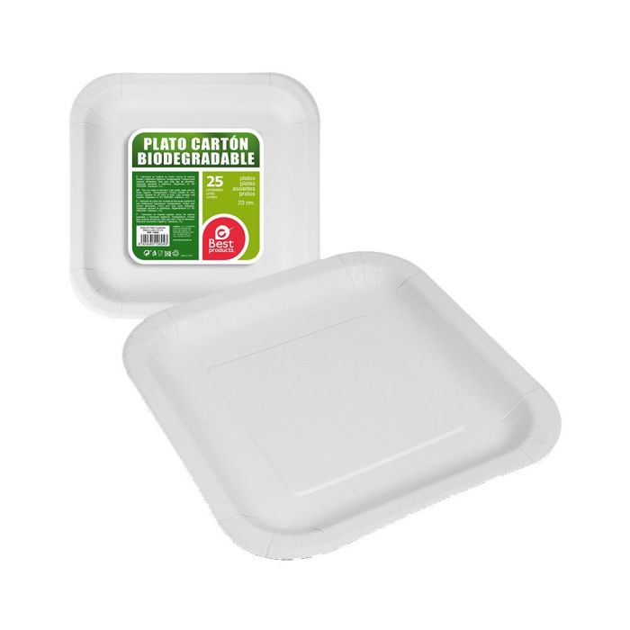 Best Products Platos cuadrados de cartón blancos, 23x23x2cm - Pack de 25 unidades