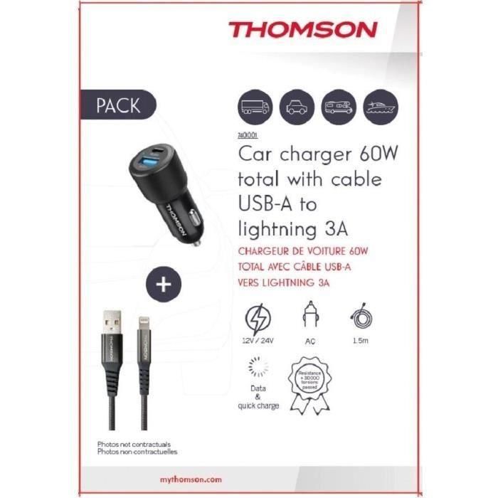 Pack cargador + cable - THOMSON - Cargador de coche de 60 W - Cable USB-A a L 3A 1 Pack cargador + cable - THOMSON - Cargador de coche de 60 W - Cable USB-A a L 3A 1